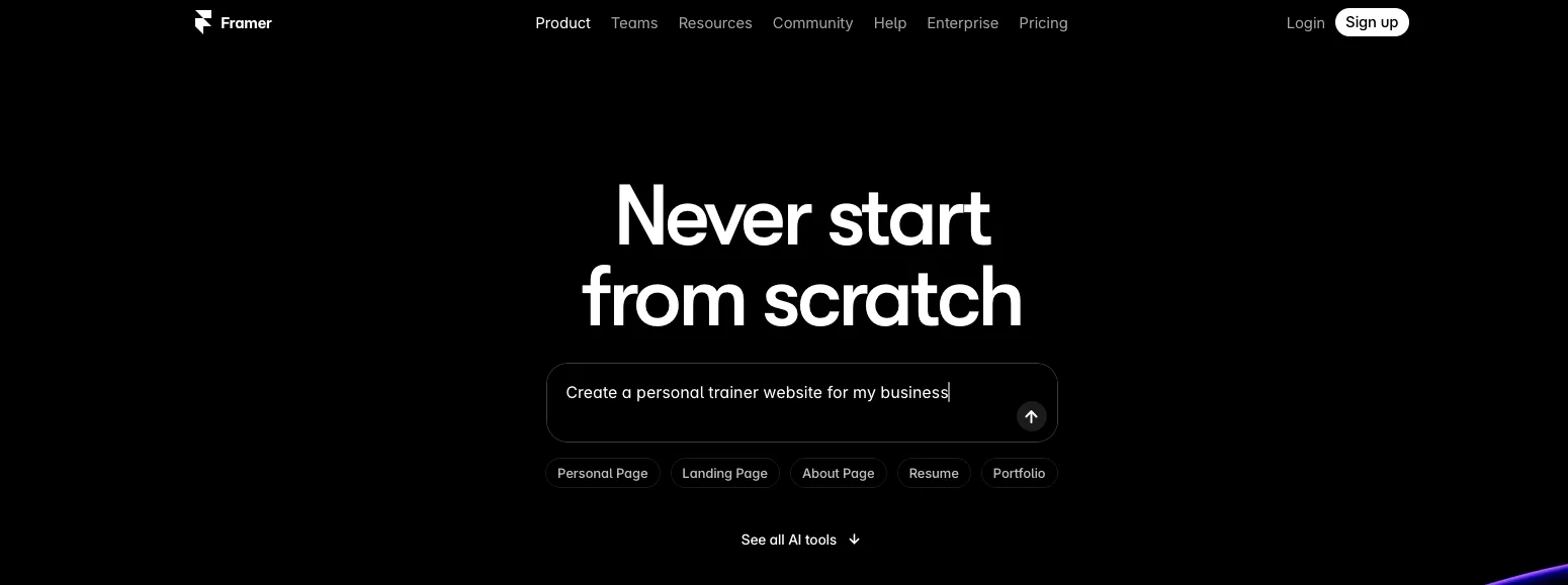 Framer AI standard website builder UI