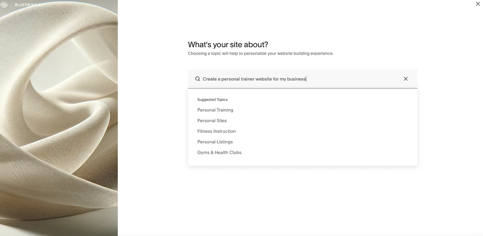 Squarespace AI initial screen asking to choose a template category
