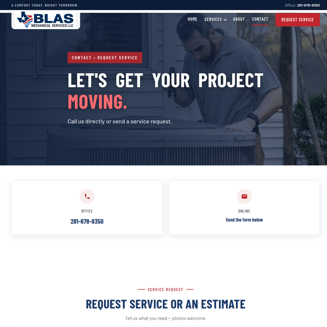 Screenshot of the Blas Mechanical Services contact page with the request service or estimate form