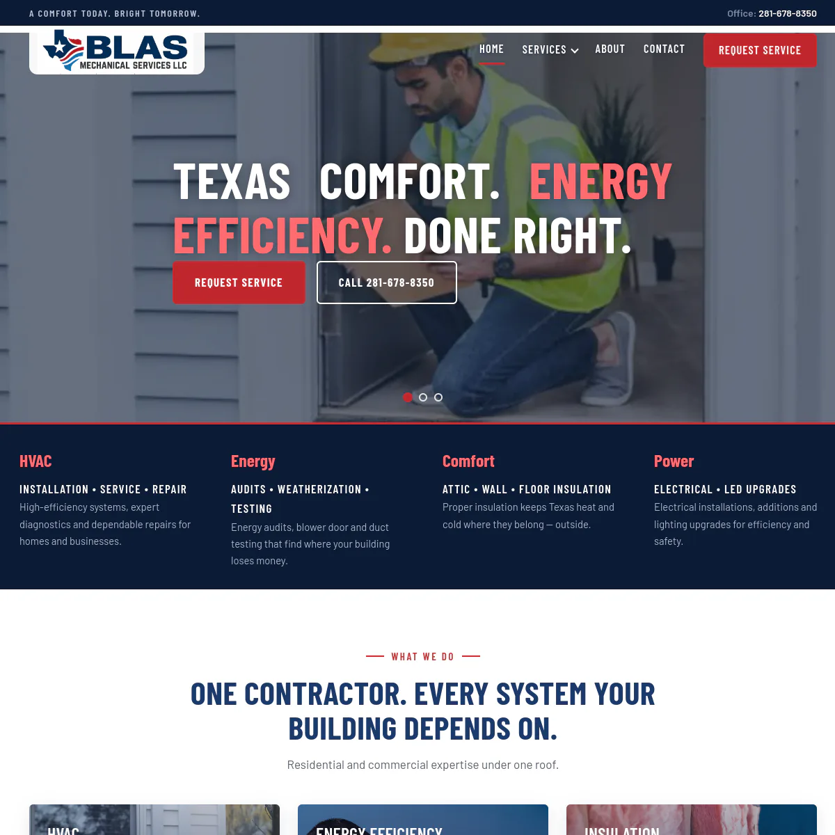 Screenshot of the Blas Mechanical Services services section with HVAC, Energy, Comfort and Power columns
