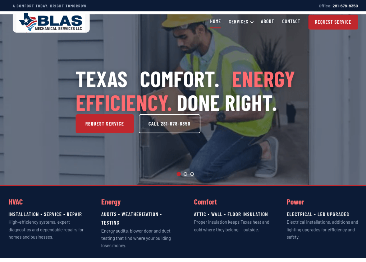 Screenshot of the Blas Mechanical Services homepage hero with headline and request-service buttons