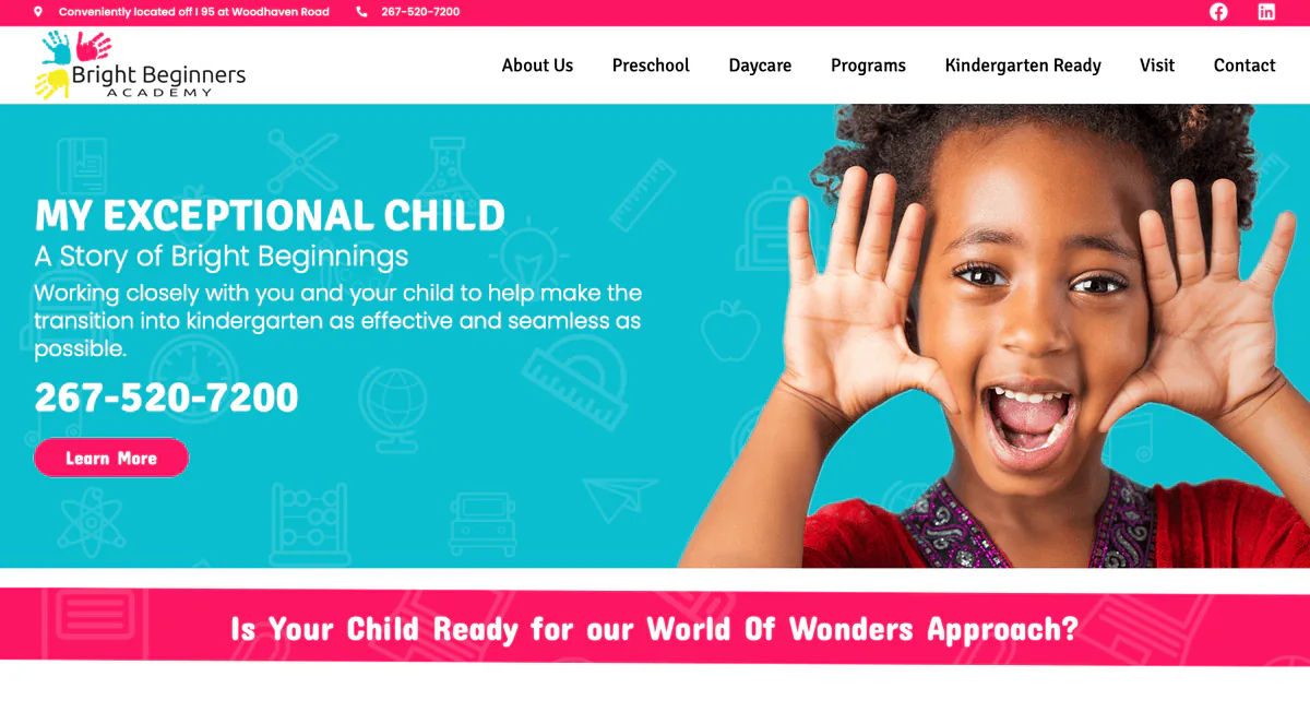 Bright Beginners Academy childcare website homepage
