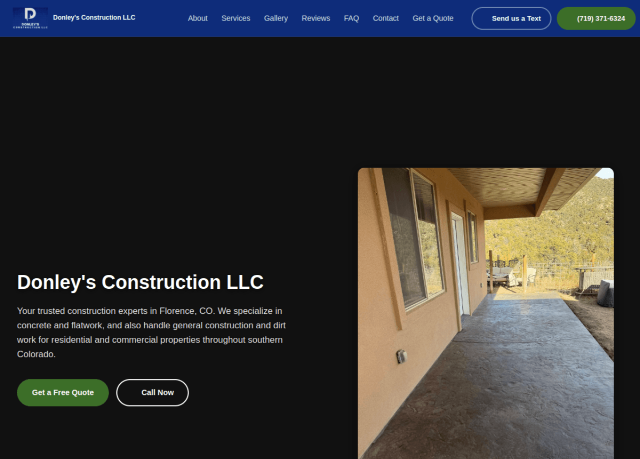 Screenshot of the Donley Construction homepage hero with quote and call buttons