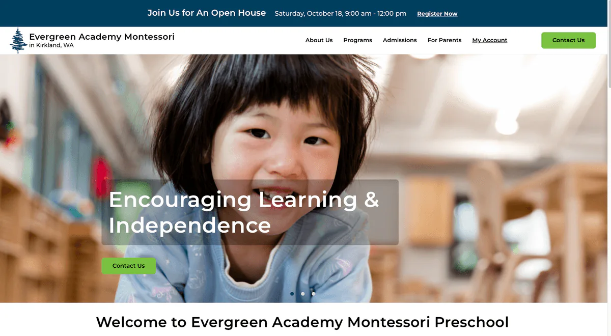 Evergreen Academy daycare website homepage
