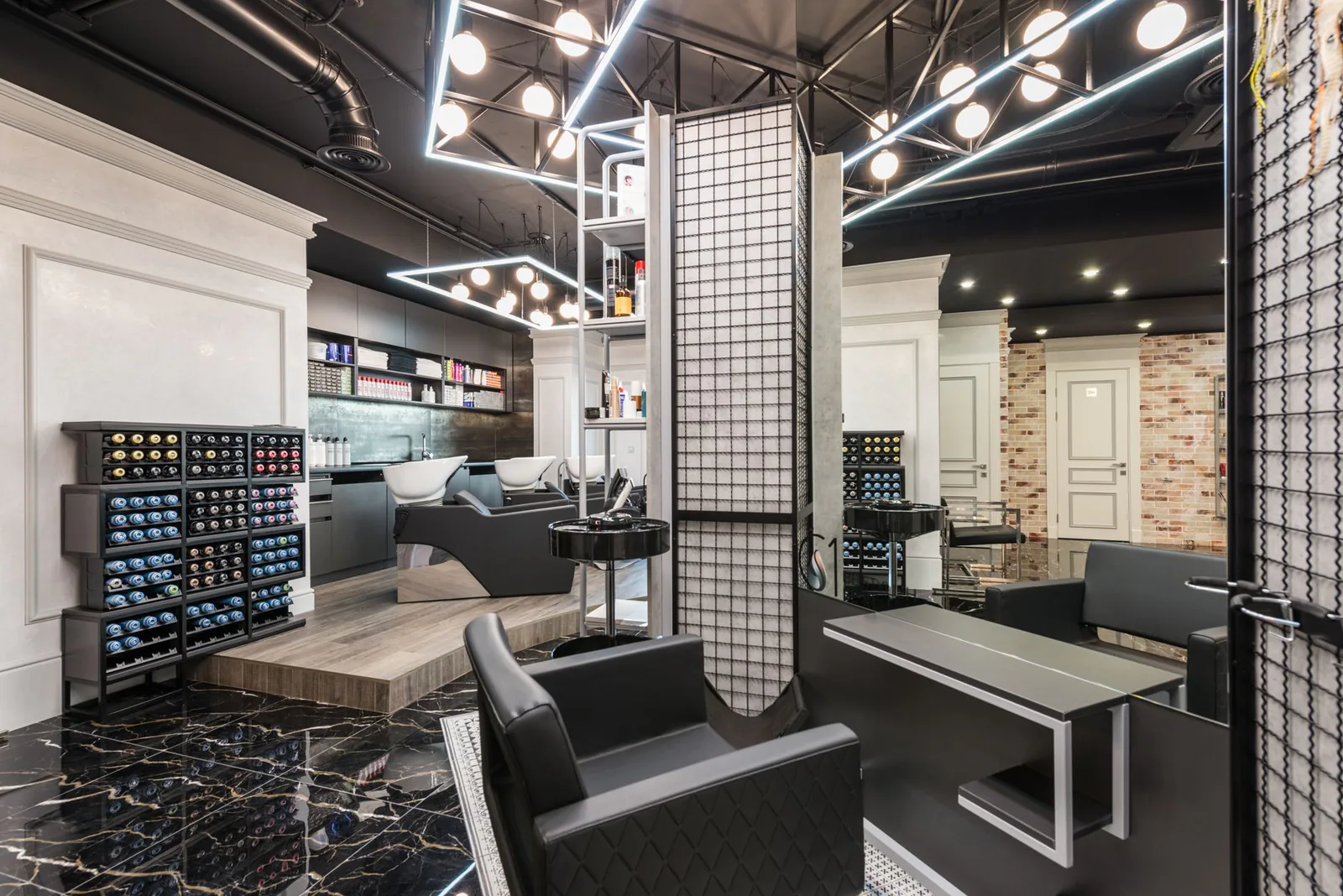 Modern hair salon interior with styling chairs and mirrors