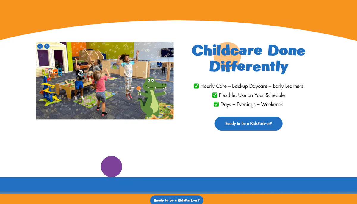 KidsPark drop-in childcare website homepage