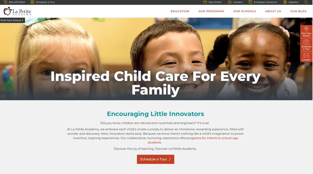 La Petite Academy childcare website homepage