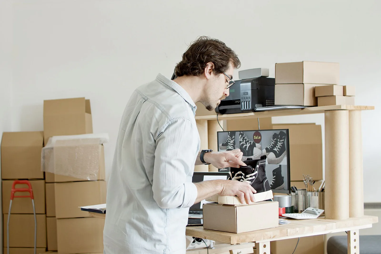 Online store owner packing product orders for customers